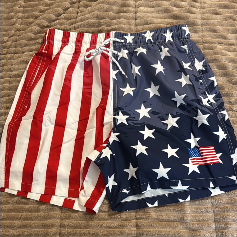 Red and White Swim Trunks with Patriotic Design